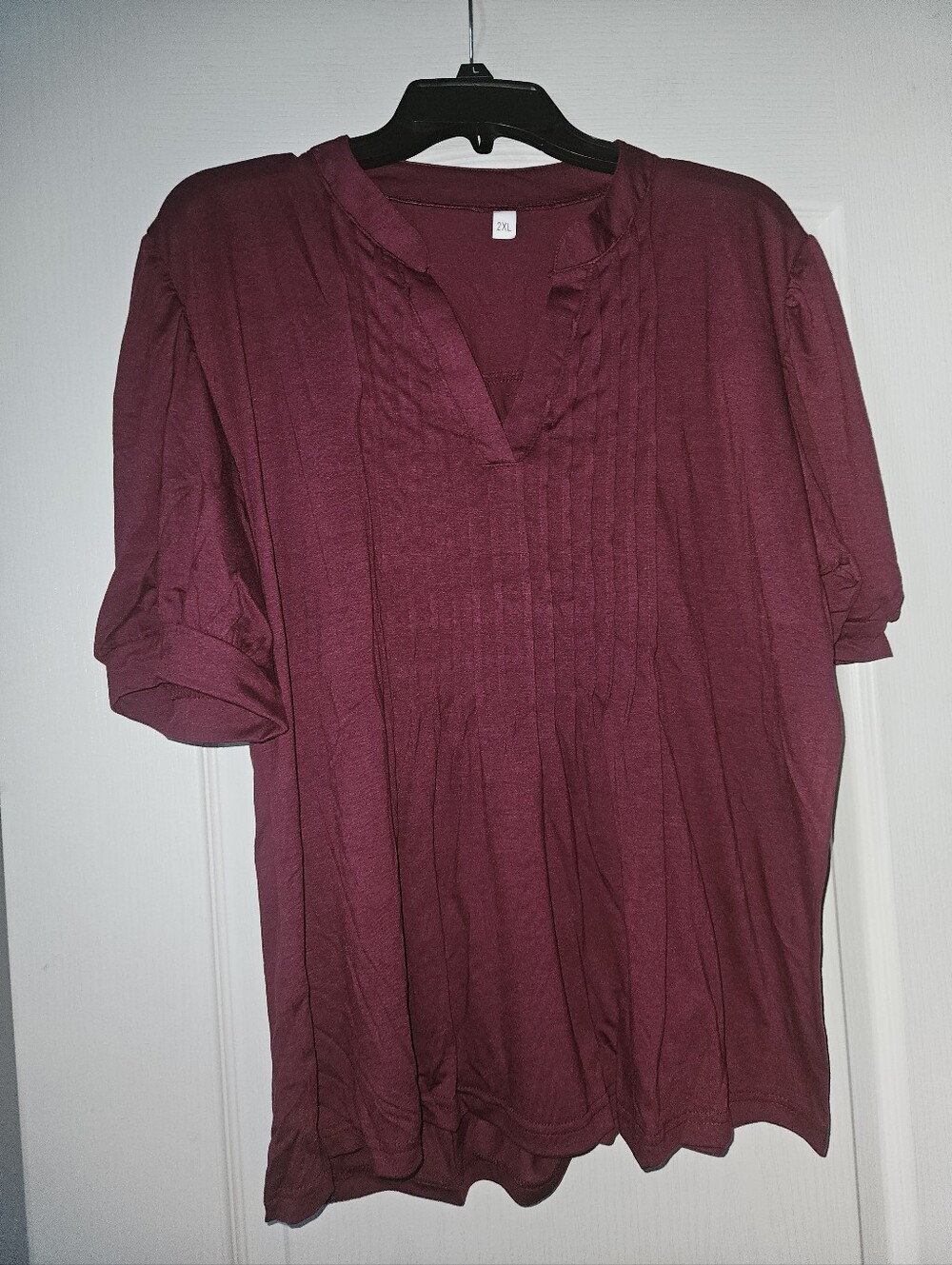 Women's Pleated Red Wine V-Neck Blouse